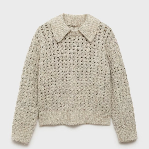Mango Sweaters - Mango Sand Open-Knit Collared Sweater